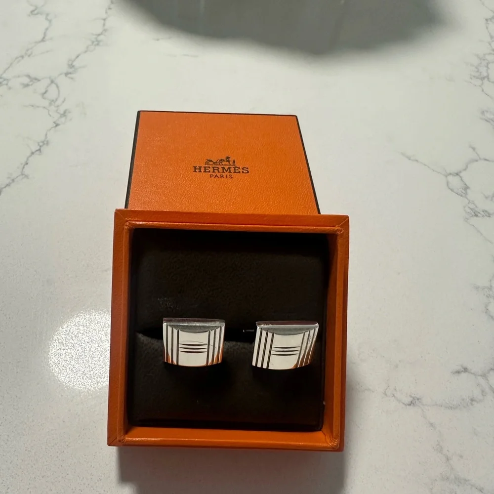 HERMES Silver Padlock H Logo Cuff Links